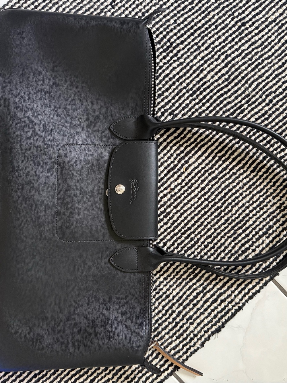 Longchamp Black Leather Tote with Snap Flap